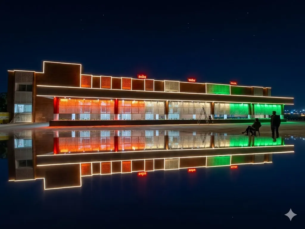 Kalol railway station at night, its facade lit in saffron, white and green and reflected in water