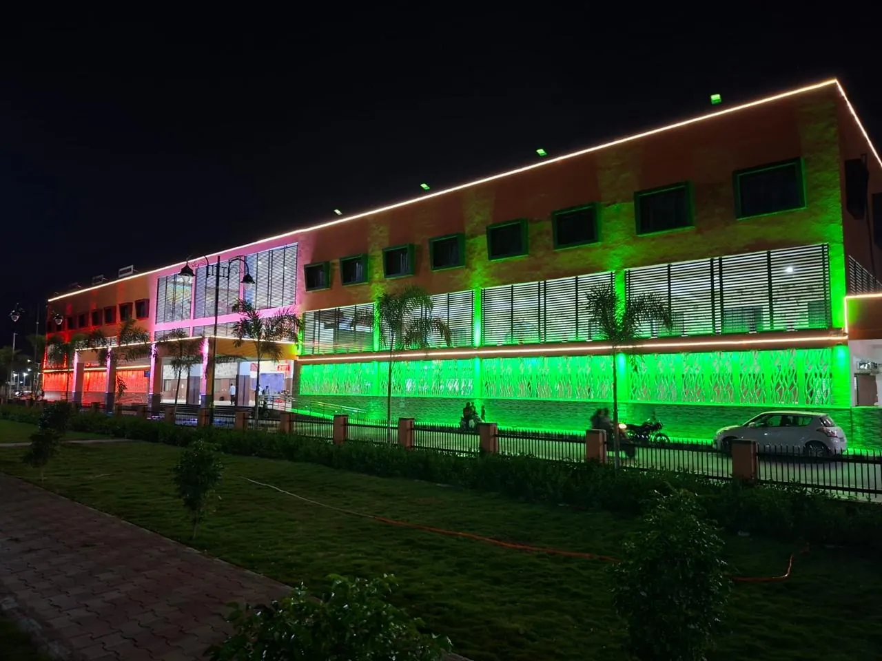 Mehsana railway station facade lighting at night (2 of 3)