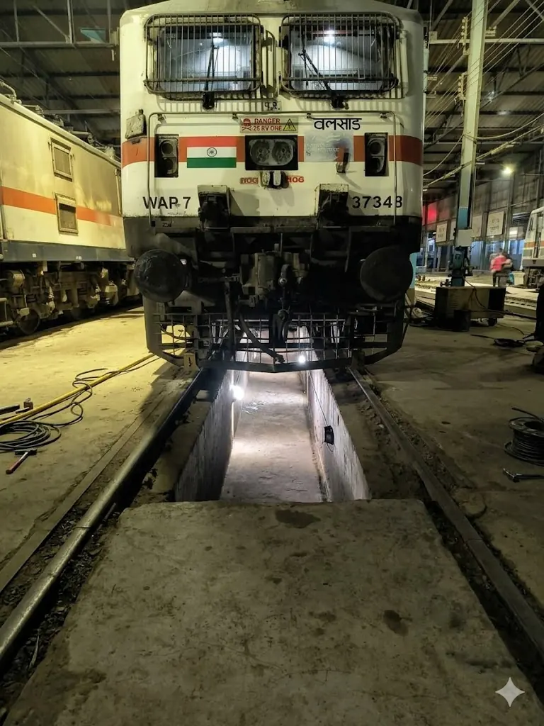 Inspection pit lighting under a locomotive at Valsad loco shed